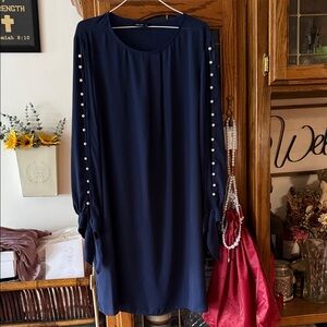 Elegant Navy Dress with Pearl Accents